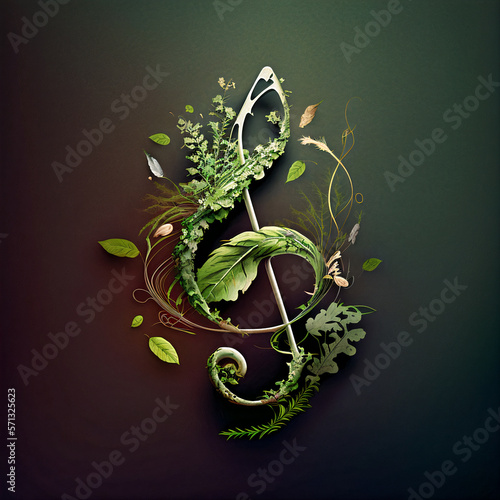 Treble clef music notes made from nature green leaf. Concept of World Music Therapy Day