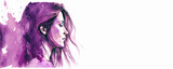 Watercolor woman's profile portrait illustration for International Women's Day. Empowered girl on working woman day. Equality and feminism. Purple tones with copy space. Generative AI painting.