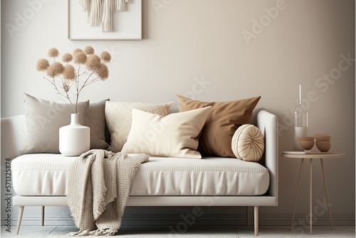 Interior shot with empty frame on the wall in warm cozy colors generative ai 3D style illustration 