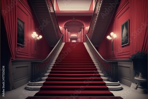 Interior scene of hotel stairs covered with red carpet