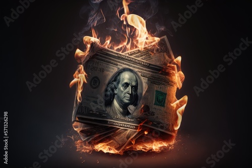 burning dollar bills. This is a Royalty-free fictitious generative AI artwork that doesn't exist in real life. photo