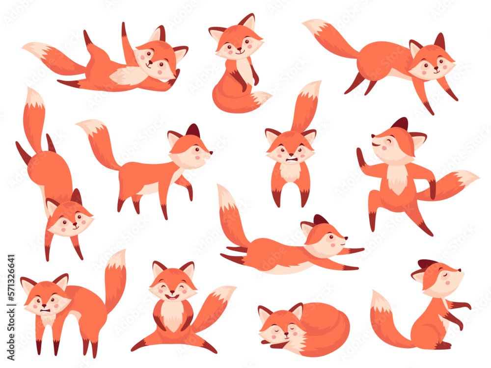 Fox character. Cute cartoon wildlife red mammals in different poses and actions, orange forest fur animals with funny emotions on faces. Vector flat set