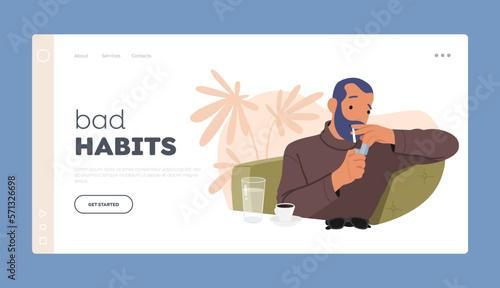 Bad Habits Landing Page Template. Man Smoking Cigarette, Inhaling Smoke Leisurely With Confident, Content Expression