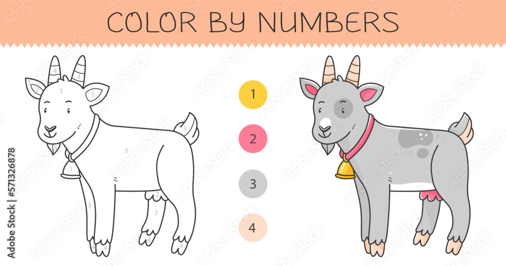 Color by numbers coloring book for kids with goat. Coloring page with cute cartoon goat with an example for coloring. Monochrome and color versions. Vector illustration.