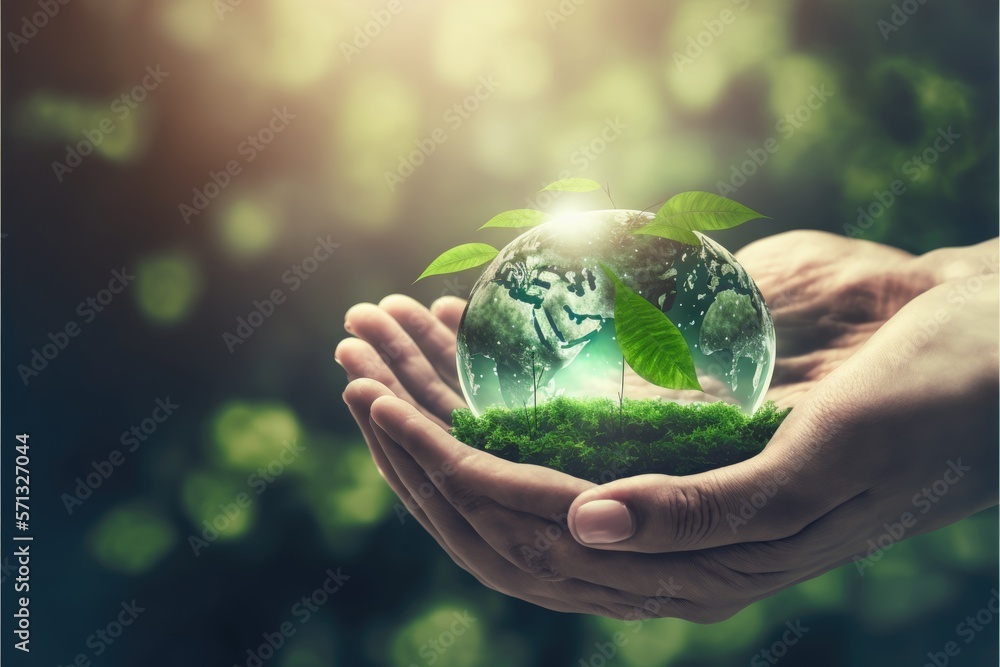 Hand of humans holding the green world with environment icon, Save the world, sustainable environment generative ai concept. Hand of humans holding the green world with environment icon, Save the world, sustainable environment generative ai concept.