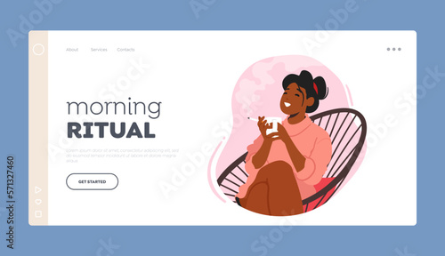 Morning Ritual Landing Page Template. Happy Woman Smoking Cigarette, Inhales Smoke, Hold Cigarette and Coffee Cup