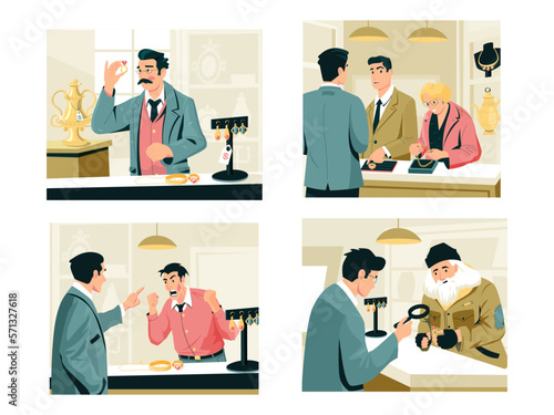 Sell and buy in pawn shop. Pawnbroker jeweler argue with customer, jewellery store showcase with expensive precious things cartoon style. Vector set