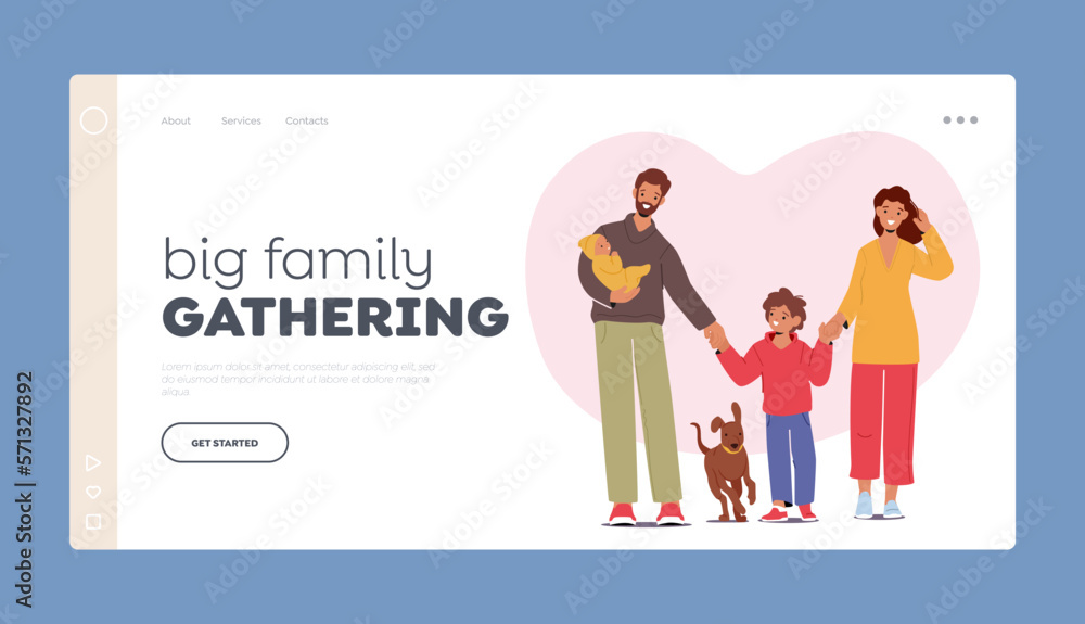 Big Family Gathering Landing Page Template. Children, Parents And Pet Characters Enjoying Outdoor Walk And Spending Time