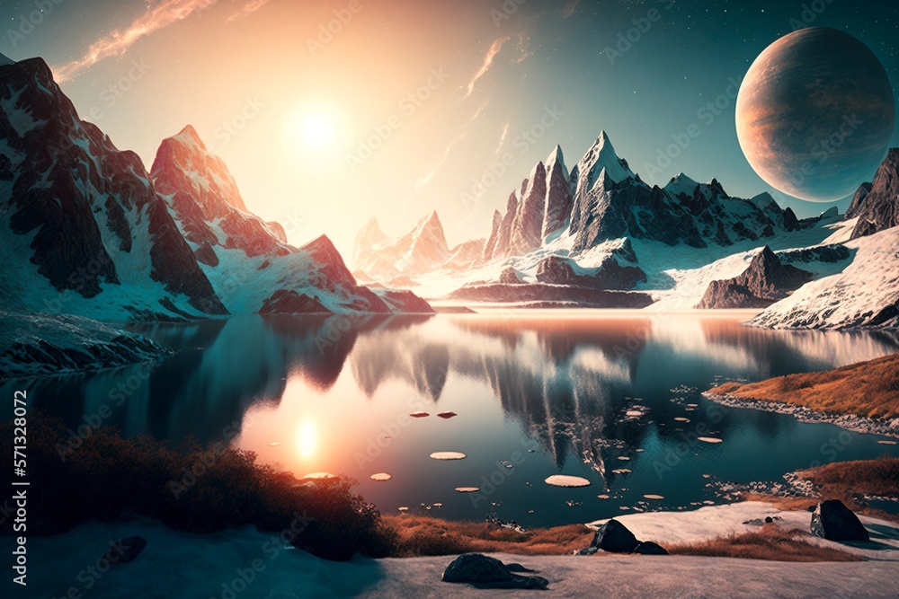 A breathtaking and mysterious extraterrestrial landscape against the backdrop of the stunning beauty of the sky. Fantastic Alien planet. Science fiction wallpaper. Generative AI illustration. A breathtaking and mysterious extraterrestrial landscape against the backdrop of the stunning beauty of the sky. Fantastic Alien planet. Science fiction wallpaper. Generative AI illustration.