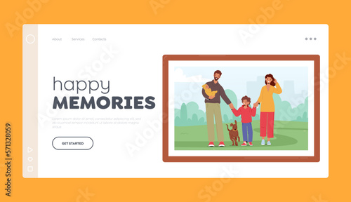 Happy Memories Landing Page Template. Family Photo in Frame with Children, Parents And Pet Characters Enjoying Walk