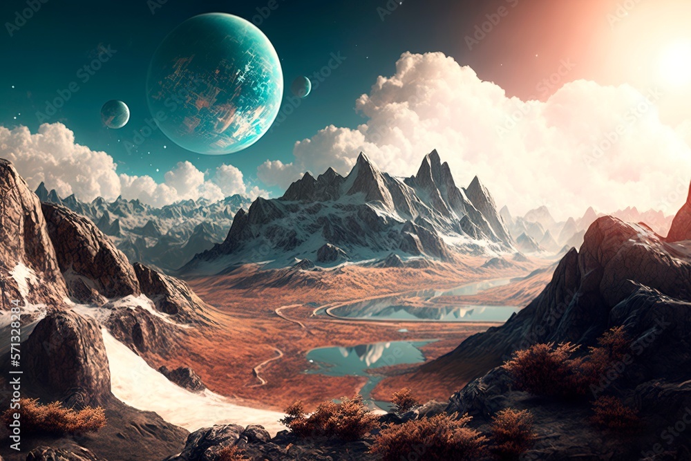 A breathtaking and mysterious extraterrestrial landscape against the backdrop of the stunning beauty of the sky. Fantastic Alien planet. Science fiction wallpaper. Generative AI illustration.