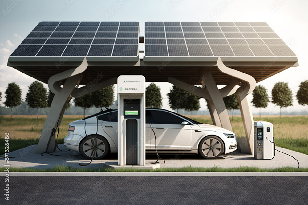 Electric car with solar panels charging station design and futuristic