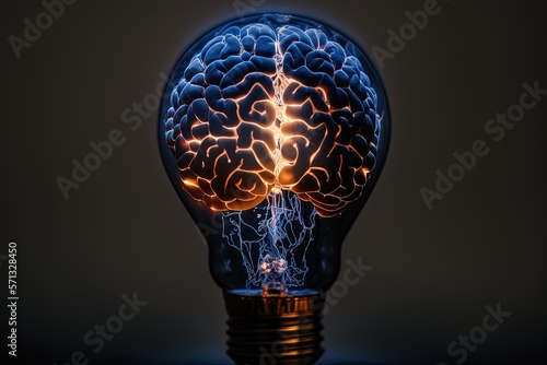 An illustration of a brain illuminated in a light bulb, projecting joy, strength, wisdom, and energy. Concept: Great and creative idea. Generative ai