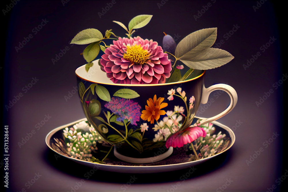 Naklejka premium Generative AI render of a floral teacup