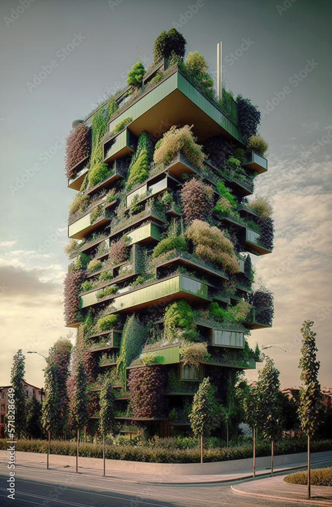 Generative AI illustration of Building with plants on the facade