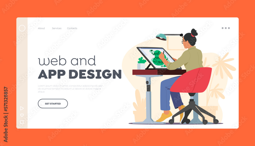 Web and App Design Landing Page Template. Creative Woman Graphic Designer Sitting At Desk Makes Sketch On Tablet Web and App Design Landing Page Template. Creative Woman Graphic Designer Sitting At Desk Makes Sketch On Tablet