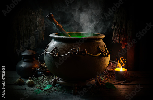 Witch cauldron in a dark room with green potion. Generative AI.