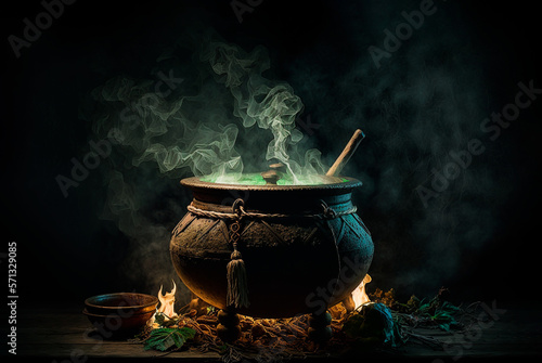 Witch cauldron in a dark room green smoke. Generative AI.