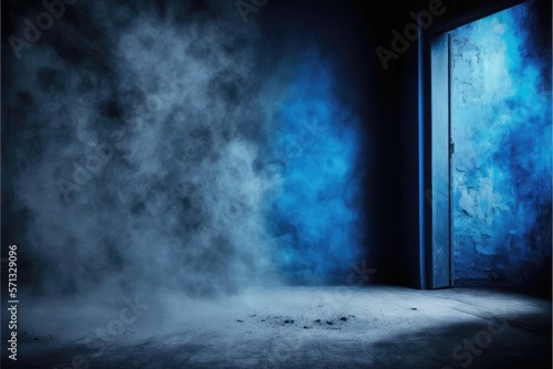 empty blue room with glowing  smoke 