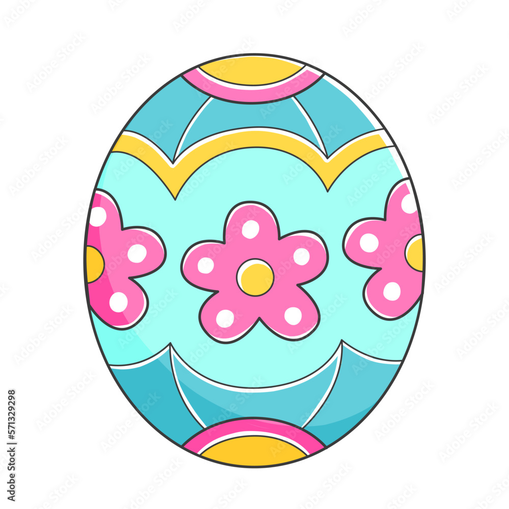 Fototapeta premium Easter egg with patterns and flowers in cartoon cute style. Vector Easter isolated illustration.