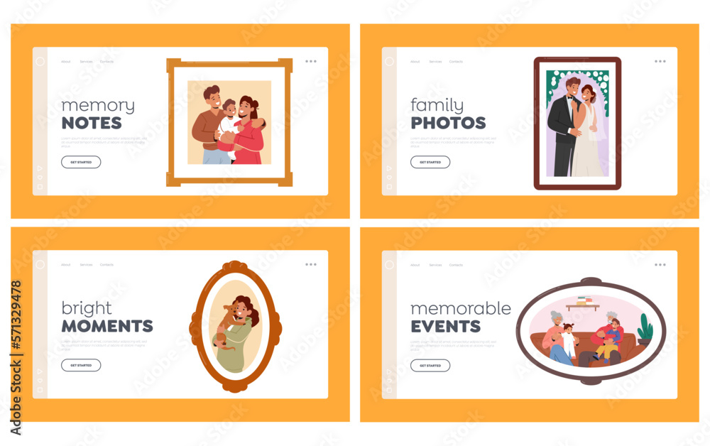 Happy Family Photos Landing Page Template Set. Parents Holding Baby On Hands, Smiling Children, Grandparents, Newlyweds