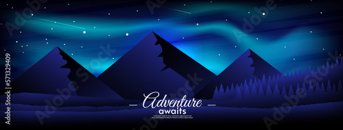 Mountains with hills and forest. Aurora landscape. Vector illustration. 
