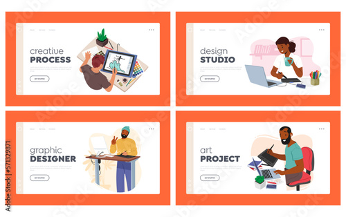 Graphic Designers at Work Landing Page Template Set. Creative Male and Female Characters Passionate About Design