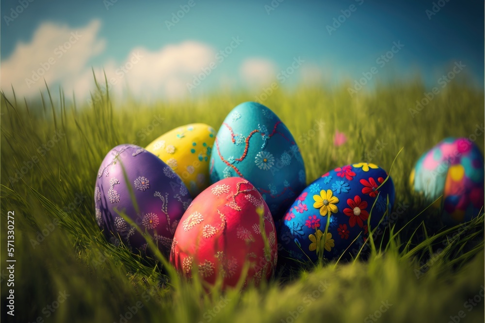 colored easter eggs in nature, grass and open air generative ai 