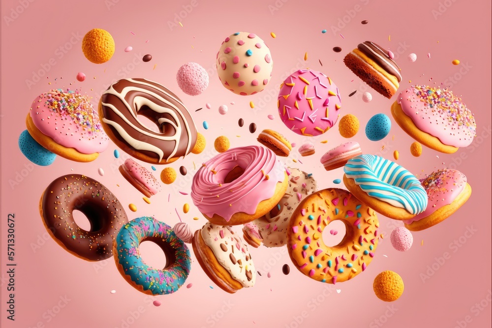 Donuts, cupcakes, cookies, and macarons fly on pink background. This is a Royalty-free fictitious generative AI artwork that doesn't exist in real life.
