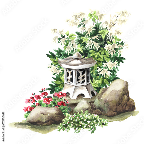 Garden japanese stone lantern. Small architectural form, Landscape design element, Hand drawn watercolor illustration, isolated on white background