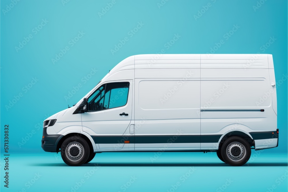 A white delivery van with branding space a blue background, This is a Royalty-free fictitious generative AI artwork that doesn't exist in real life.
