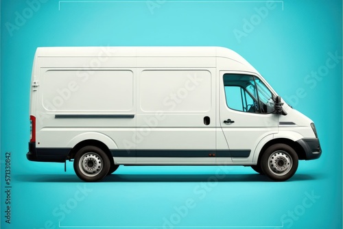 A white delivery van with branding space a blue background  This is a Royalty-free fictitious generative AI artwork that doesn t exist in real life. 