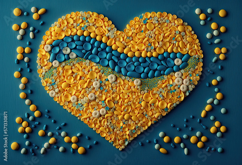 yellow heart from pills and vitamins on a blue background, Valentine's Day, love, greetings Generative AI