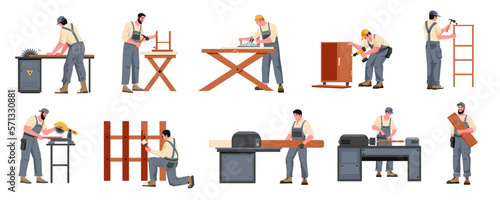 Carpenter with furniture. Man with lumber equipment working sawing with wood material, woodworking carpentry handcraft concept. Vector cartoon set