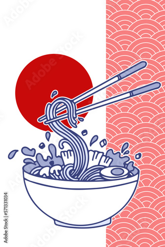 Soup with ramen noodles. Noodles. Vector illustration. Traditional Asian Japanese food in sun red circle with texture Vector illustration