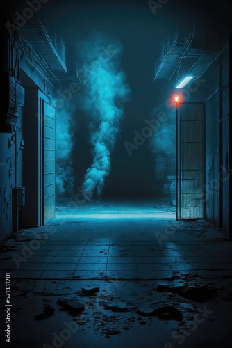 an empty dark scene of a smokey dark empty street alley in the light of neon and spotlights with smoke float up generative ai illustration	
