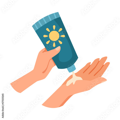 Hand Squeezing Sunscreen Lotion Tube for Skin Protection and UV Rays Blocking Vector Illustration