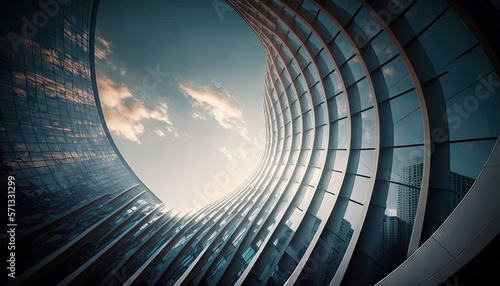 Low angle view of architecture skyscraper building, glass and steel structure, window glass perspective, modern tower panoramic, with Generative Ai.