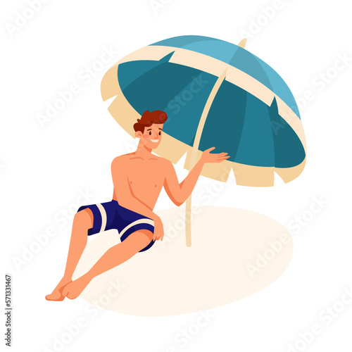 Man Character on Beach under Umbrella Sunbathing Wearing Swimsuit Vector Illustration