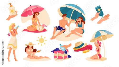 People Characters on Beach Sunbathing Wearing Swimsuit and Applying Sunscreen Vector Set