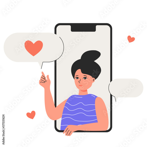 Cute woman show speech bubble with heart from phone screen. Customer positive feedback or love chatting on dialog application. Review rating advertising communication concept. Vector illustration.