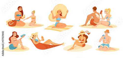 People Characters on Beach Sunbathing Wearing Swimsuit and Applying Sunscreen Vector Set