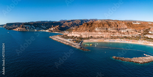 Fototapeta Naklejka Na Ścianę i Meble -  Aerial view of the Amadores beach on the Gran Canaria island in Spain. The most beautiful beach on the Canary islands.