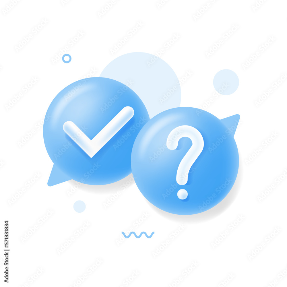 A survey of the reaction of speech bubbles. Cancellation icons, confirmed signs of false rejection or clarification, question. Survey reaction 3d icon. Vector illustration