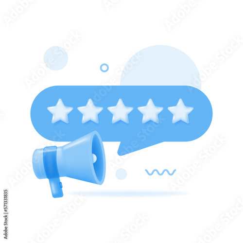 3d megaphone speaker for announce promotion. Customer feedback message frame. Propaganda equipment banner. Offer promotion bubble with megaphone. 3d rating stars icon. Vector