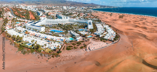 Hotel Riu Palace from above. Luxury grand accommodation with beautiful scenery of the famous desert dunes.