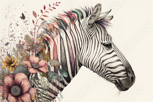 zebra on white with flower