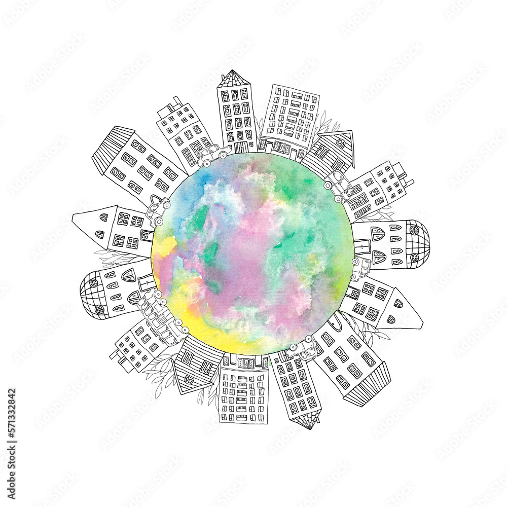 Abstract earth with city buildings, houses and cars - watercolor painting street isolated on white background