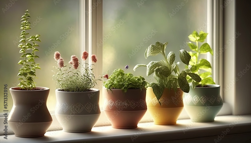  a row of potted plants sitting on top of a window sill next to a window sill with a green plant in the middle.  generative ai