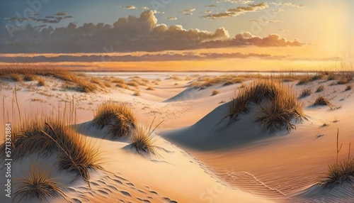  a painting of sand dunes with grass and clouds in the background at sunset or dawn with sun shining through the clouds over the sand dunes. generative ai